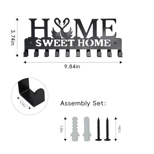 Key Holder Wall Mounted with Screws and Anchors, Black Multifunctional Key Hanger with 10 Hooks, Entryway Front Door Kitchen Hallway Garage Office - color: Home-2 Black
