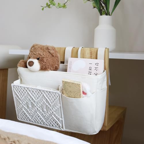 GYASVWU Boho Hanging Bedside Caddy Organizer, Macrame Bedside Pocket, Bunk Bed Organizer for Dorm Room , Baby Bed Rails, Magazine Storage, Toy Storage (White)