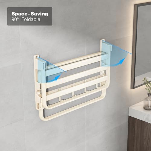 VOLDRA Towel Racks for Bathroom, 24-Inch Towel Shelf with 2 Towel Bar Foldable Towel Holder with 7 Hooks Towel Storage Organizer for Bathroom & Lavatory Wall Mounted(Milky White) - color: Milky White, size: Extra 2 towel bar