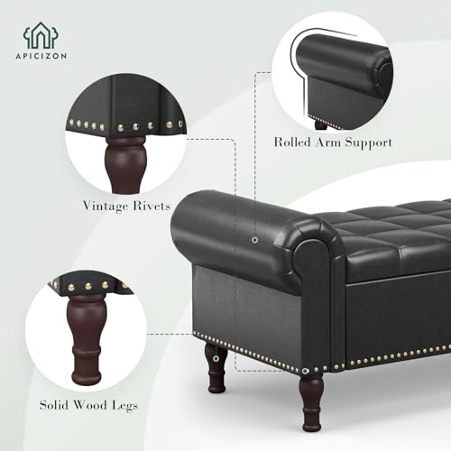 Apicizon 60” Bench with Storage, Queen Size Faux Leather End of Bed Bench with Tufted Button, Ottoman Bench with Rolled Arms & Vintage Rivets for Foot of Bed, Living Room, Entrance, Black - color: Black, size: 60 Inches