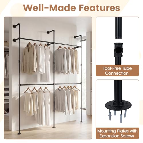 Giantex Industrial Pipe Clothing Rack, 79" Wall Mounted Heavy-Duty Metal Garment Organizer with 4 Hanging Rods, 2-Tier Walk-in Closet System for Wardrobe Closet, Retail Display - size: 79 Inches