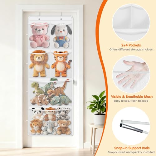 SpaceHacks Stuffed Animal Storage - Large Over the Door Organizer with 6 Expandable Mesh Pockets & Metal Hooks, Non-Woven Fabric Hanging Plush Items Holder for Nursery, Bedroom, Playroom (White) - color: White
