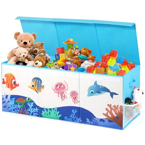 Extra Large Toy Box, Collapsible Storage Organizer with Lids, Sturdy Ocean Toy Chest for Boys Girls, 40"x14"x16" Kids Storage Bin Box Baskets for Living Room, Playroom, Bedroom, Nursery - color: Blue