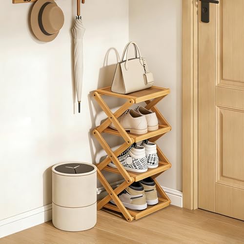 YYW Shoe Rack, Foldable Bamboo Shoes Shelf, Freestanding Shoe Storage Organiser for Entryway, Bedroom, Closet, Hallway - Functional, Natural Shoe Rack (Original, 4 Layers) - color: Original, size: 4 layers