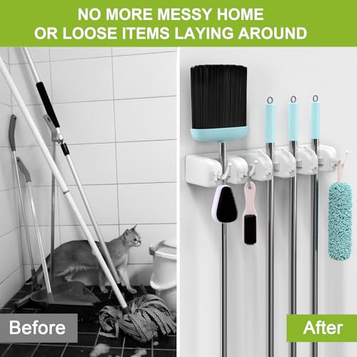 LETMY Broom Holder Wall Mount - Mop and Broom Hanger Holder - Garage Storage Rack & Garden Tool Organizer - 5 Position 6 Hooks Broom Rack for Home, kitchen, Garden, Tools, Garage Organization - White - color: White