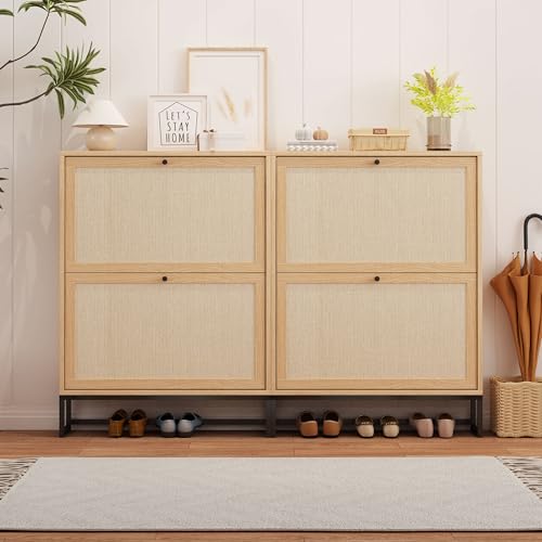 AVZEAR Narrow Shoe Storage Cabinet for Entryway with Natural Linen Panel, Freestanding Slim Shoe Cabinet with 2 Flip Drawers, Wood Shoe Organizer Closed Shoe Rack for Hallway, Living Room(Natural) - color: Natural, size: 2 Drawers Single Layer