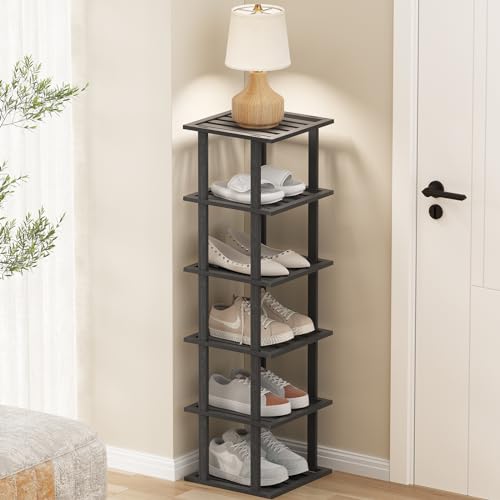 SHIISEWE Bamboo Shoe Rack for Small Spaces 6 Tier Tall Vertical Narrow Rack for Closet Stackable Shoe Holder, Black Stand for Entryway Storage Shoe Organizer - color: Black