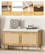 Akxomel Rattan Shoe Storage Bench with Cushion, 2-Tier Entryway Bench with Adjustable Shelves and 2 Doors, 15" D x 39.4" W x 20" H, Solid Wood Legs, for Hallway, Living Room, Bedroom, Natural Oak - size: 15"D x 39.4"W x 20"H