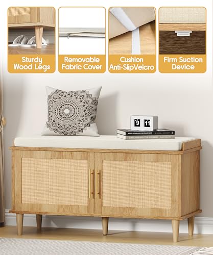 Akxomel Rattan Shoe Storage Bench with Cushion, 2-Tier Entryway Bench with Adjustable Shelves and 2 Doors, 15" D x 39.4" W x 20" H, Solid Wood Legs, for Hallway, Living Room, Bedroom, Natural Oak - size: 15"D x 39.4"W x 20"H