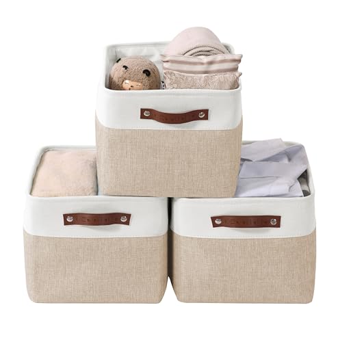 DECOMOMO Storage Bins, Large Fabric Storage Baskets for Shelves, Decorative Linen Closet Organizer, 15 x 11 x 9.5 inches (Beige & White, 3 Pack) - color: Beige and White, size: Large/3P