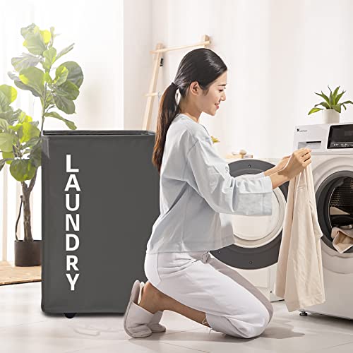 92L Extra Large Laundry Hamper with Leather Handle,Standable Laundry Basket with Wheels Laundry Hamper on Wheels,Large Hamper,Rolling Laundry Basket Grey - color: Grey/XXL, size: Super Large 27.5"