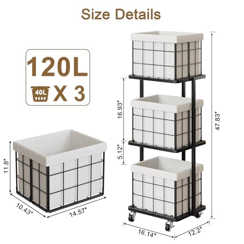 120L Vertical Rolling Laundry Hamper with Removable Bags, 3 Section Laundry Basket with Wheels, Slim Tall 3 Tier Laundry Sorter for Small Spaces, Dorm, Laundry Room, Bathroom, Closet, White - color: White, size: 3 Tier