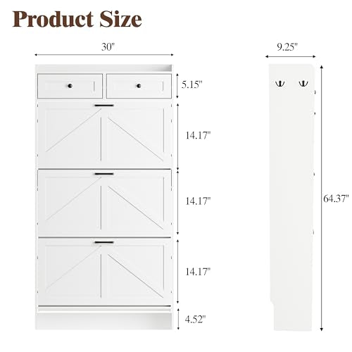 Thacuok Shoe Cabinet with 3 Flip Drawers & 2 Storage Drawers, Rustic Farmhouse Narrow Shoe Organizer Cabinet, Slim Shoe Rack Cabinet, Shoe Storage Cabinet for Entryway, Hallway, Front Door - color: White, size: 3 Drawers