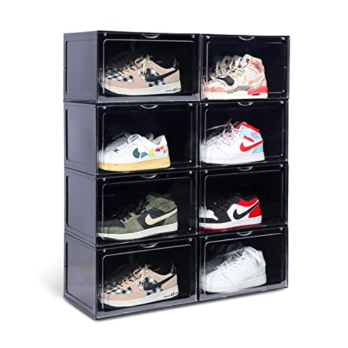 XL clear shoe storage boxes stackable, 8 Pack Large Shoe Boxes Clear Plastic Stackable, Drop side Sneaker Container Fit Size 13 (Black 8 Pack) - color: BLACK, size: 8 PACK