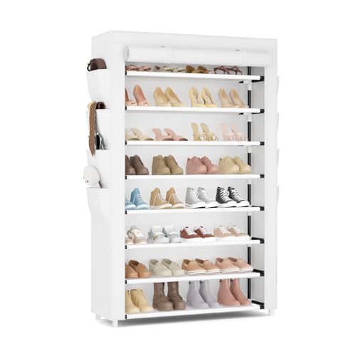 VILICK Shoe Rack with Cover, 8 Tier Tall Shoe Organizer Storage for 36-45 Pair Shoes and Boots Large Shoe Storage Shelf Free Standing Shoe Rack for Closet, Front Door Entrance, Dorm, Garage, White - color: White, size: 33.8"W-8 Tier