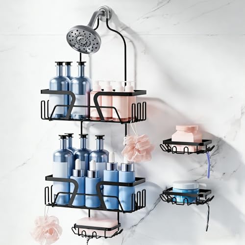 KEGII EXTRA Soap Holders x2 Shower Caddy Hanging, Never Rust Over Showerhead Organizer, Built in 9 Shaver Hanging hooks - style: Hanging Shower Caddy-5 Pack (Black)