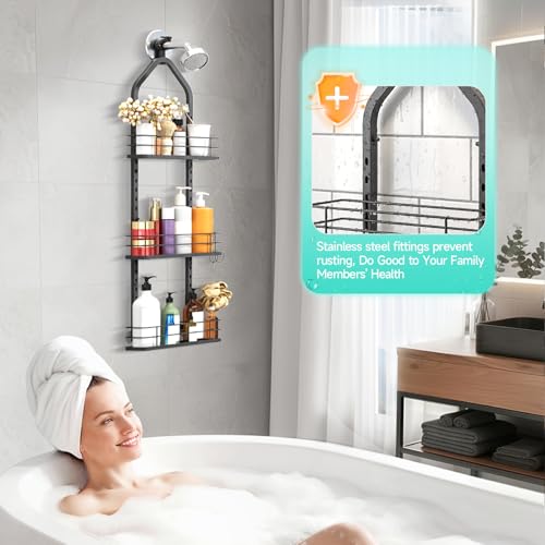 Shower Caddy Hanging, Adjustable Anti-Swing-Over The Shower Head Caddy, 3 Tier Height Bathroom Storage Organizer Bathroom Shelves Basket Rack Shower Caddies (3Tier) - color: black, size: 3tiers