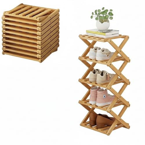 Foldable Shoe Rack, Bamboo Vertical Shoe Organizer Tall for Small Spaces. Multifunctional Narrow Shoe Shelf for Entryway, Closet, Corner, Bedroom, Hallway, Wood Color 5 Layers - size: 5th floor