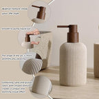 Bathroom Accessories Set, 5 PCS Sandstone Look Stripe Modern Bath Organizer with Soap Dispenser, Toothbrush Holder, Tumbler, Soap Dish, Candle Holder for Countertop Kitchen Sink (Beige) - color: Beige