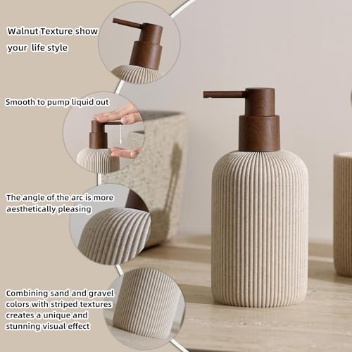 Bathroom Accessories Set, 5 PCS Sandstone Look Stripe Modern Bath Organizer with Soap Dispenser, Toothbrush Holder, Tumbler, Soap Dish, Candle Holder for Countertop Kitchen Sink (Beige) - color: Beige