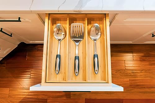 Umilife Bamboo Kitchen Utensils Organizer, 13 Inch Drawer Dividers for Silverware, Extra Deep Holder, with Non-Slip Feet, Wood Caddy for Flatware Cutlery - size: 13 x 17 inch (3 Slots)