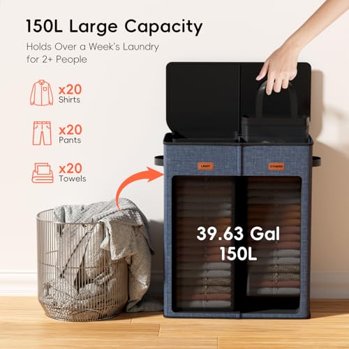 150L Double Laundry Hamper With Lid, Large Clothes Hampers with Removable Bag, Laundry Hamper 2 Section for Bathroom, Bedroom, Laundry Room, Dorm, Navy Blue - color: Navy Bule, size: 150L - 2 Section