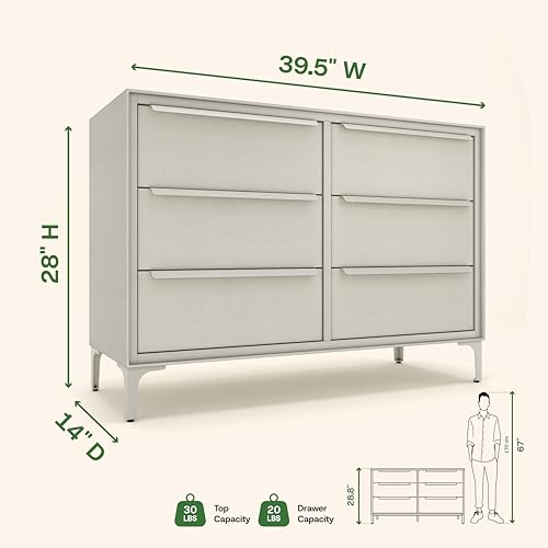 tinge Naima 6-Drawer Premium Fabric Dresser – Strong Metal Frame, Sag-Proof Drawers with Sleek Metal Handles, Durable Storage Solution for Your Home (Beige) - color: Creme Drop (Beige), size: 14"D x 39.5"W x 28"H (6 Drawers)
