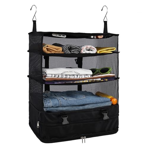 Surblue Hanging Closet Storage Bag Collapsible 3-Shelf Washable Oxford Fabric with 2 Hooks (XL 17.71 * 11.81 * 20in, Black) - color: Black, size: XL 17.71*11.81*20in