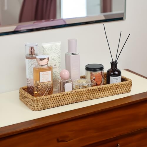 Rattan Bathroom Tray Countertop, Wicker Toilet Tank Basket, Decorative Bathroom Vanity Tray for Decor Coffee Table - size: 16.2" x 6" x 1.8"