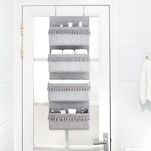 Dahey Over The Door Organizer Boho Nursery Storage Decor Closet Hanging Organizer with Tassels Decoration for Bedroom Nursery Bathroom Apartments Dorm Pantry, 4 Pockets, Grey - color: Grey, size: Medium