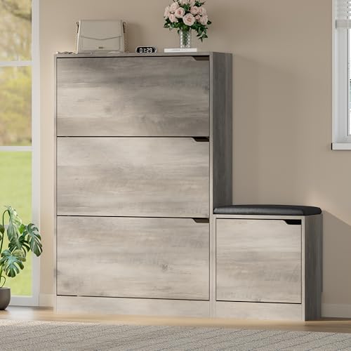 BORNOON Shoe Cabinet with Bench and 3 Flip Drawers, Slim Narrow Shoe Storage Cabinet, Freestanding Shoe Rack Organizer with Adjustable & Removable Shelves, Anti-Tip for Entryway, Hallway, Foyer - color: Grey, size: 3-Drawer - Bench