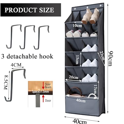 Over the Door Shoe Organizer, Grey 16 Pockets Hanging Shoe Storage Rack with Large Deep Pockets, Oxford 600D Fabric Shoe Storage Rack with 6 hook for Shoes, Home Accessories etc (Grey, 1-Grid) - color: Grey, size: 1-Grid