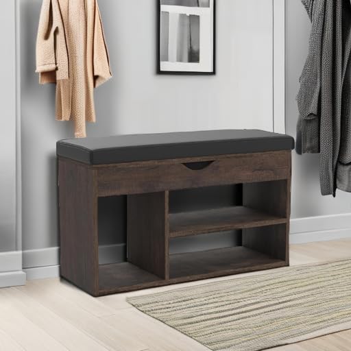 Apicizon 31 Inches Storage Bench with Padded Cushion, Shoe Bench with Storage Space, Upholstered Entryway Bench for Living Room, 2-Tier Shoe Rack Organizer, Brown - color: Brown, size: 31 Inch