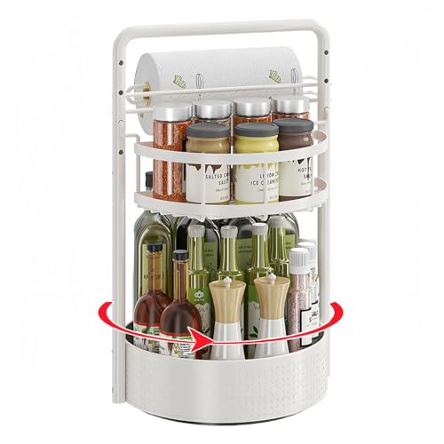 Rotating Spice Rack with Paper Towel Holder, 2 Tier Turntable Lazy Susan, Seasoning Organizer for Kitchen Countertop Cabinet, White - color: White