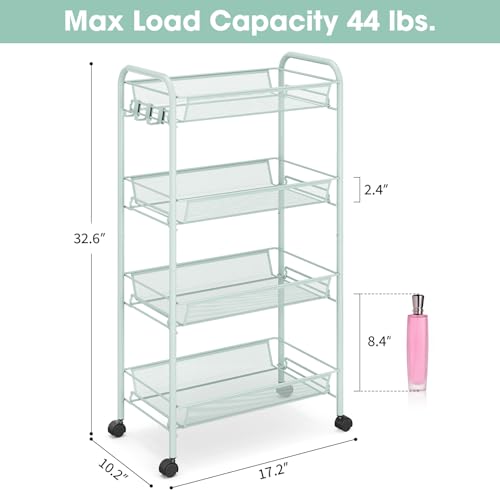 TOOLF 4-Tier Rolling Cart, Metal Utility Cart with 3 Hooks, Easy Assemble Mobile Storage Trolley On Wheels, Metal Shelving Units Kitchen Bathroom Laundry Room - color: Green, size: 4-Tier