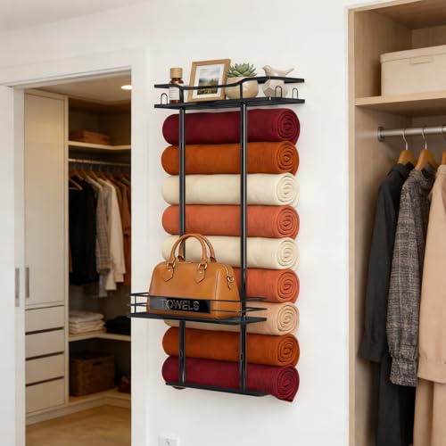 Towel Racks for Bathroom, 30inch Wall Mounted Towel Rack, Towel Storage for Small Bathroom Can Holds 6 Large Towels, Floating Shelf with Adjustable Tissue Basket(Black). - color: Black
