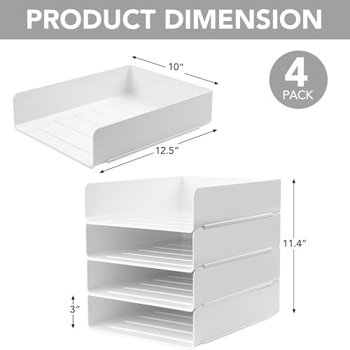 Tiawudi Desk Organizer, Office Organization and Storage, Plastic Letter Tray, Stackable File Organizer for Classroom, Home, Documents, Notes, Folders, Books and Pens, 4 Tier - color: White