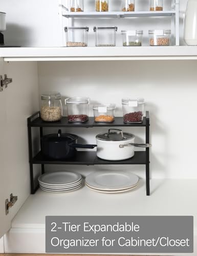 2-Tier Expandable Shelf Organizer for Kitchen Cabinet, Countertop, Pantry & Under-Sink Storage(black) - color: Black, size: 8.2''D * 12.2-21.6''W * 14.2''H(2 Tier)