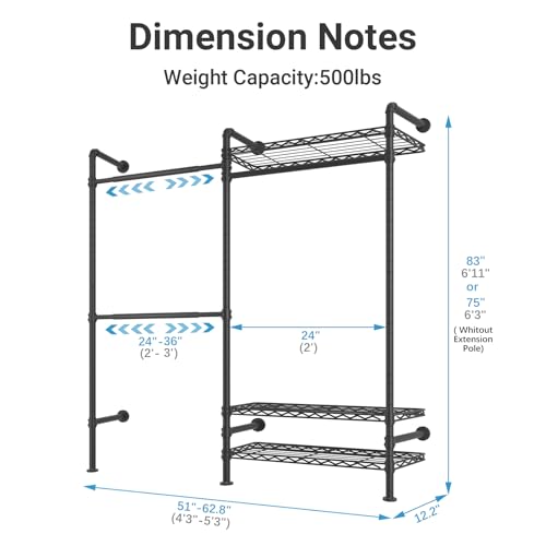 Timate F2 Industrial Pipe Clothes Rack Wall Mounted Clothing Rack for Hanging Clothes, Expandable Garment Racks Heavy Duty Wardrobe Closet Organizer and Storage, Black Adjustable Industrial Closet Kit - color: Black, style: Timate F2