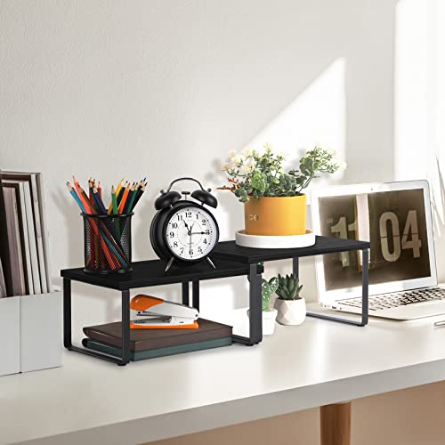 CADUKE Counter Shelf Organizer Set of 2 Kitchen Cabinet Shelves Expandable Countertop Shelves Organizer Wood Cabinet Shelf Black Stackable Storage Rack for Pantry - color: Black 2