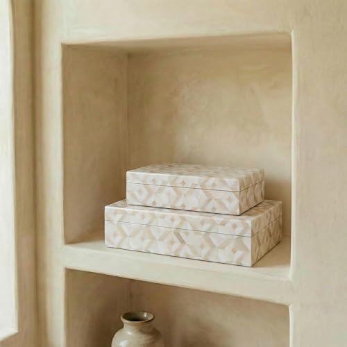 ZICOTO Decorative Storage Boxes with Lids - Set of 2 Beautiful Organizer Bins for Your Bookshelf Home Decor - Safely Store Photos, Documents and Memory Box Keepsakes on Your Shelves in Style - color: Beige