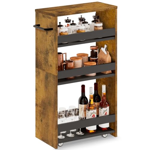 MARTY Rolling Storage Cart 7.9" W, 4-Tier Narrow Kitchen Cart with Wheels Handle, Slim Storage Mobile Shelving Utility Carts for Bathroom Laundry Room Organization Small Spaces(Rustic Brown) - color: Brown+black, size: 7.9"D x 15.75"W x 31.5"H