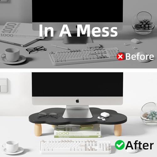 AFOOYO Monitor Stand Riser,Cloud Shape Wood Computer Monitor Stand, 16.5IN Monitor Stand Riser, Multi-Purpose Desktop Organizer Riser for Computer,Laptop,Printer,TV,Black - color: Black, size: Cloud