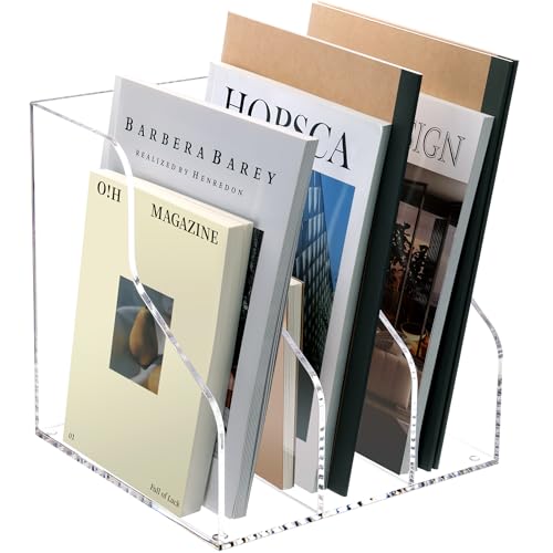 HeZone Desk File Organizer, Acrylic Magazine File Holder with 3 Vertical Compartments Rack File Sorter for Office Home Classroom Desk Organization, Clear… - style: 3 slots-A4