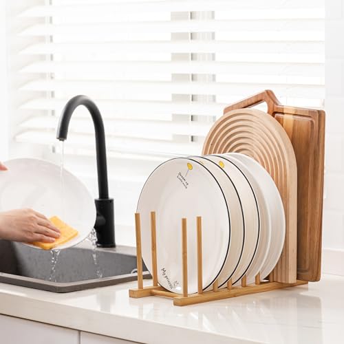 HBlife 4pcs Heighten and Widen Bamboo Dish Dying Rack Pot Lid Plate Organizer Holder for Cabinet, Cutting Board Stand Drainer Storage Plate Rack for Dish, Pot Lid, Bowl, Cup, Cutting Board and Books - color: Rod 6inch High 8slots 4pcs