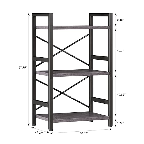 Homeiju Bookshelf, 3 Tier Industrial Bookcase, Metal Small Bookcase, Rustic Etagere Book Shelf Storage Organizer for Living Room, Bedroom, and Home Office(Grey) Patent Pending D29873033 - color: Grey, size: 3 Tier