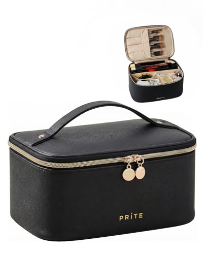 Prite Makeup Bag, Large Capacity Portable Travel Cosmetic Bag, Waterproof Makeup Organizer for Women with Handle and Divider (001 Black) - color: 001 Black