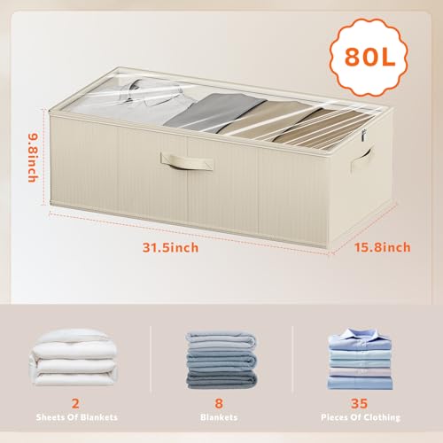 Under Bed Storage Containers, 10 Inches Tall 80L, Foldable Underbed Storage Bags, Closet Organizers and Storage Bins for Clothes and Blankets, Sweaters, Shoes,2-Pack (Beige, 31.5x15.8x10 In) - color: Beige