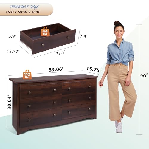 WLIVE Wooden Dresser for Bedroom, 6 Drawers Chest of Drawers, 59" Wide Modern Dresser Closet Storage Organizer for Living Room Hallway, Brown - color: Brown, size: 6 Drawers