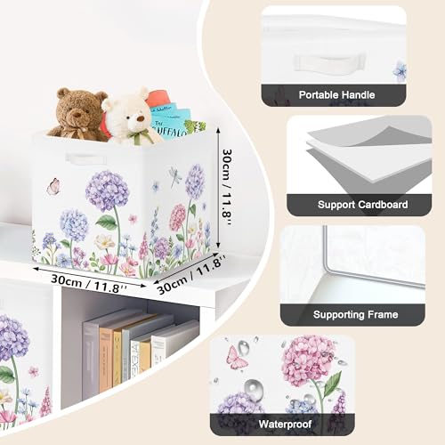 Clastyle Flowers Storage Cube Organizer Set Handle Closet Clothes Cube with Metal Frame Foldable Parents Organizer Storage Basket for Book Toy,Purple Hydrangea,11.8x11.8x11.8 in - color: Purple Hydrangea